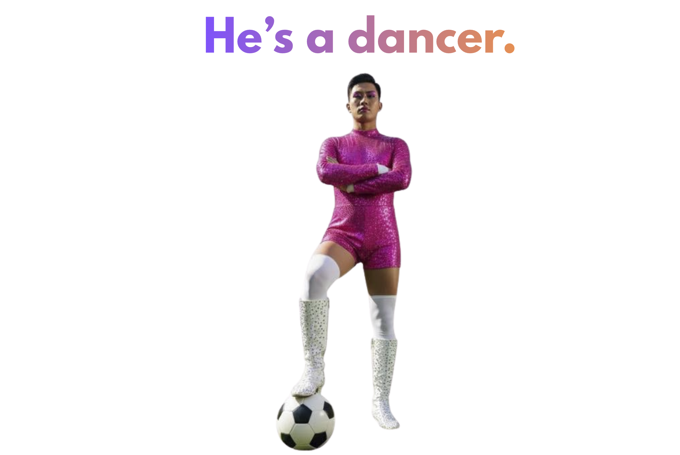 A dancer in a pink sequined outfit and sparkly boots standing with one foot on a football