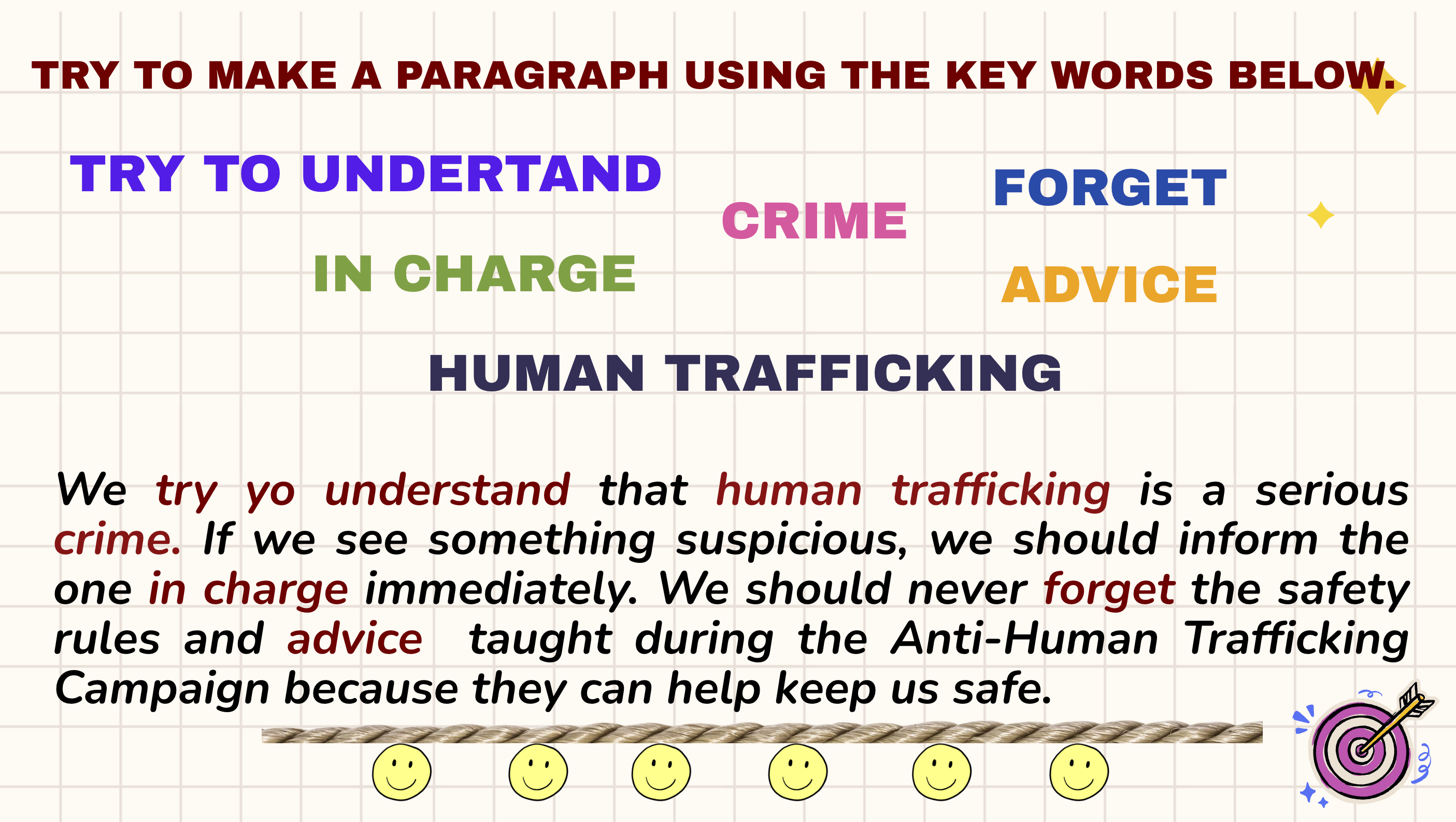 Worksheet: make a paragraph using the key words, with a sample paragraph about human trafficking
